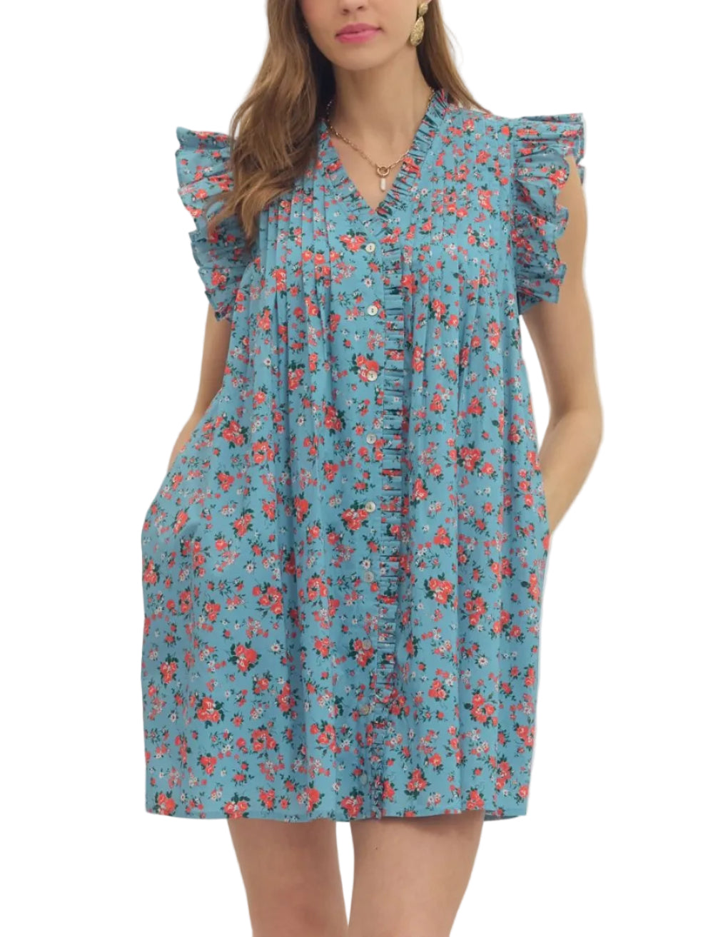 Floral print flutter sleeve mini dress featuring ruffle trim V-neck. Button closure at front. Side pockets. Lined. Woven. Non-sheer. Lightweight.