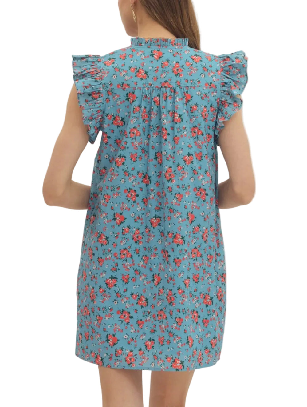 Floral print flutter sleeve mini dress featuring ruffle trim V-neck. Button closure at front. Side pockets. Lined. Woven. Non-sheer. Lightweight.