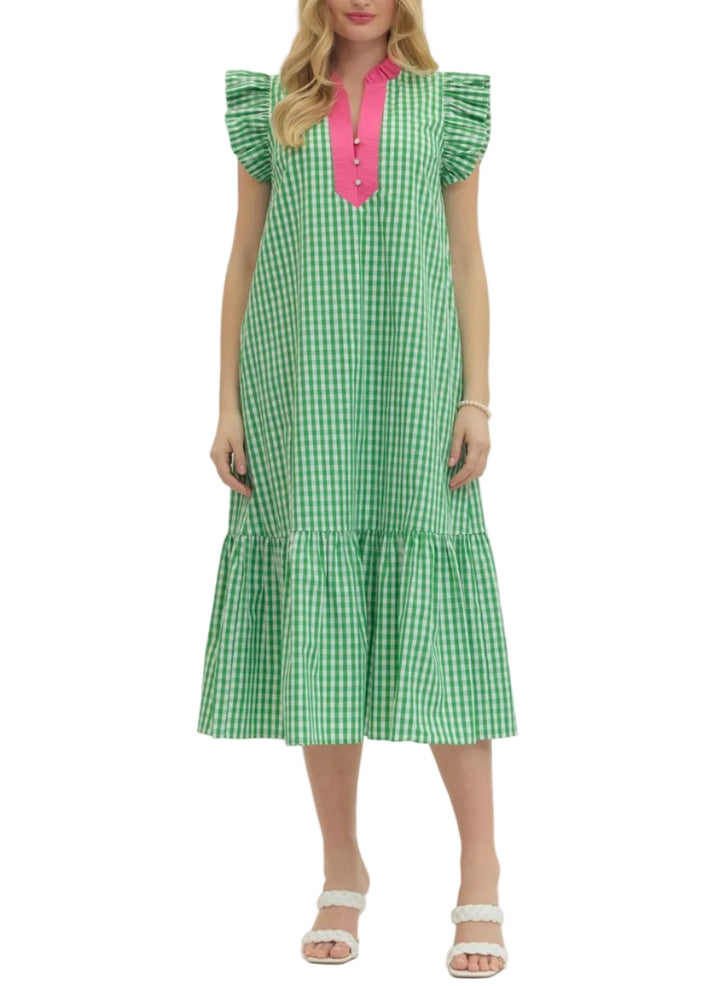 Gingham flutter sleeve midi dress featuring ruffled accent neck band collar V-neck. Button closure at front. Flutter sleeve. Ruffle hem. Side pockets. Unlined. Woven. Non-sheer. Lightweight.
