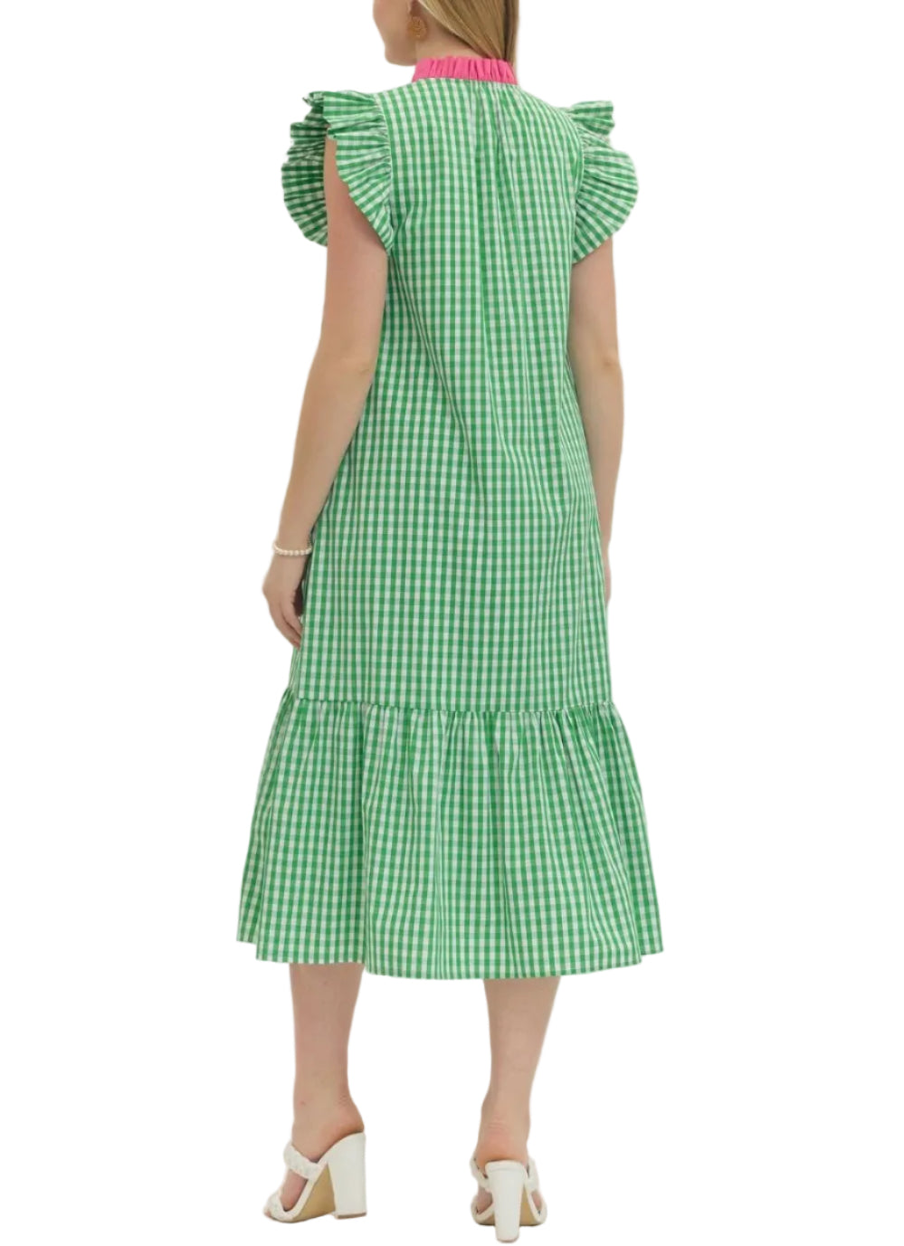 Gingham flutter sleeve midi dress featuring ruffled accent neck band collar V-neck. Button closure at front. Flutter sleeve. Ruffle hem. Side pockets. Unlined. Woven. Non-sheer. Lightweight.
