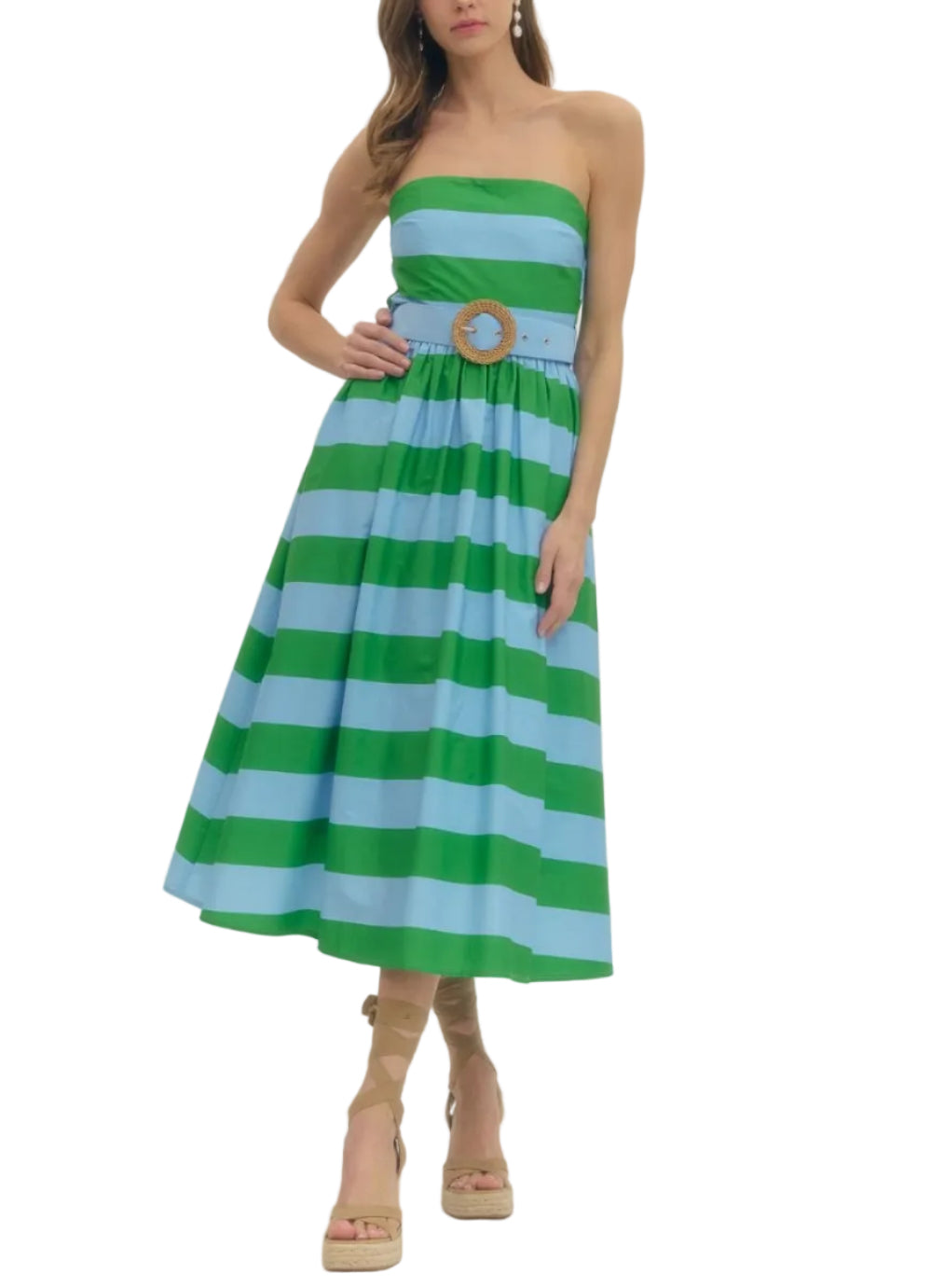 Striped strapless midi dress featuring contrast waistband with buckle detail. Zipper closure at back. Smocked back bodice. Side pockets. Lined. Woven. Non-sheer. Lightweight.
