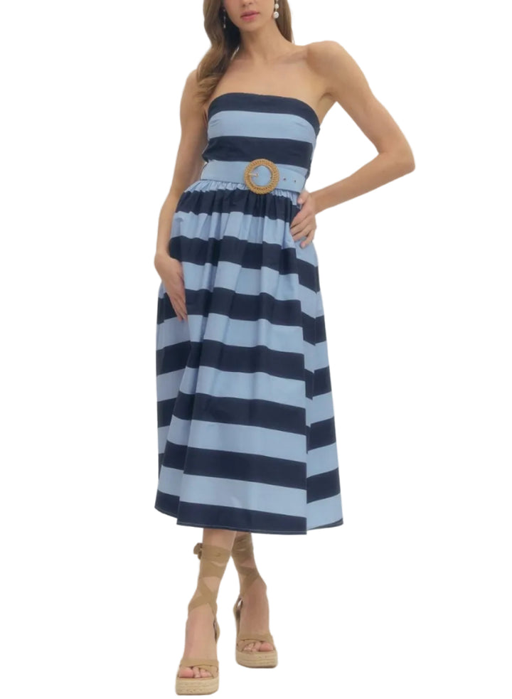 Striped strapless midi dress featuring contrast waistband with buckle detail. Zipper closure at back. Smocked back bodice. Side pockets. Lined. Woven. Non-sheer. Lightweight.