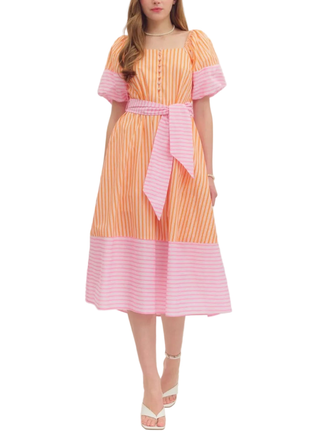 Striped short puff sleeve midi dress featuring square neckline. Button closure at front. Self-tie sash belt at waist. Side pockets. Stripe contrast binding at sleeve and hem. Lined. Woven. Non-sheer. Lightweight.