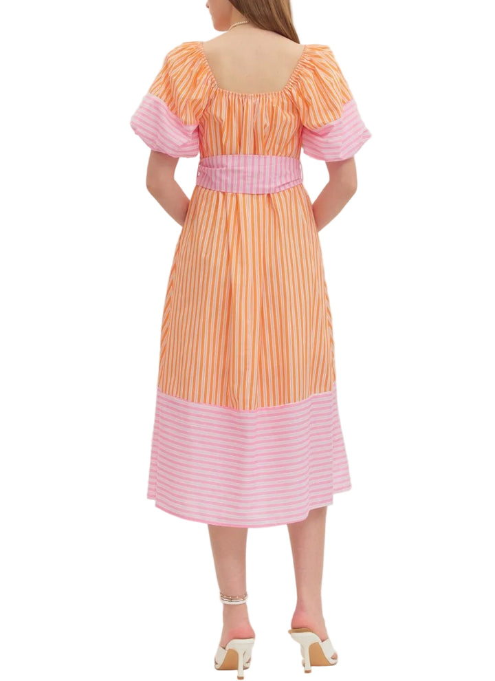 Striped short puff sleeve midi dress featuring square neckline. Button closure at front. Self-tie sash belt at waist. Side pockets. Stripe contrast binding at sleeve and hem. Lined. Woven. Non-sheer. Lightweight.