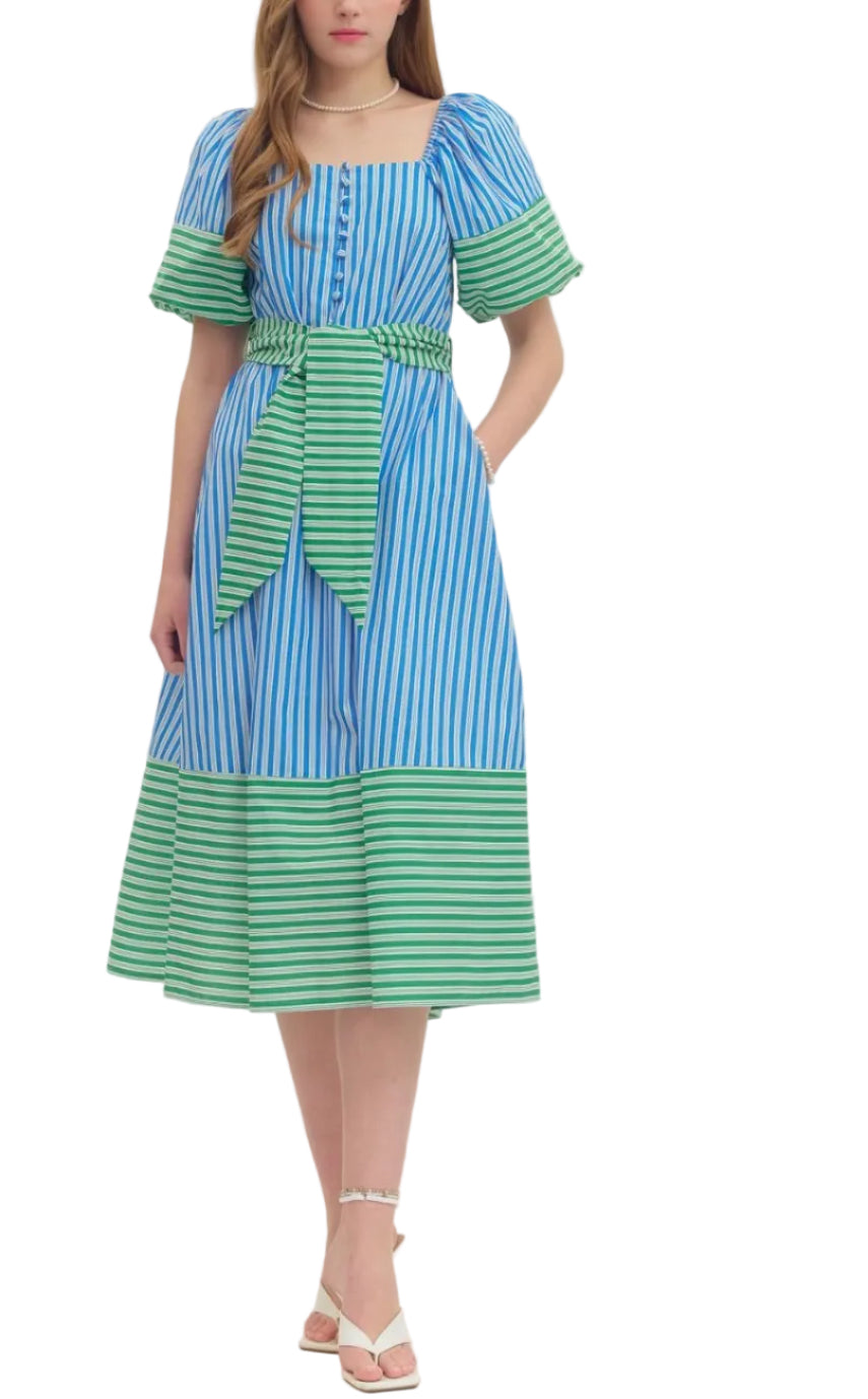 Striped short puff sleeve midi dress featuring square neckline. Button closure at front. Self-tie sash belt at waist. Side pockets. Stripe contrast binding at sleeve and hem. Lined. Woven. Non-sheer. Lightweight.
