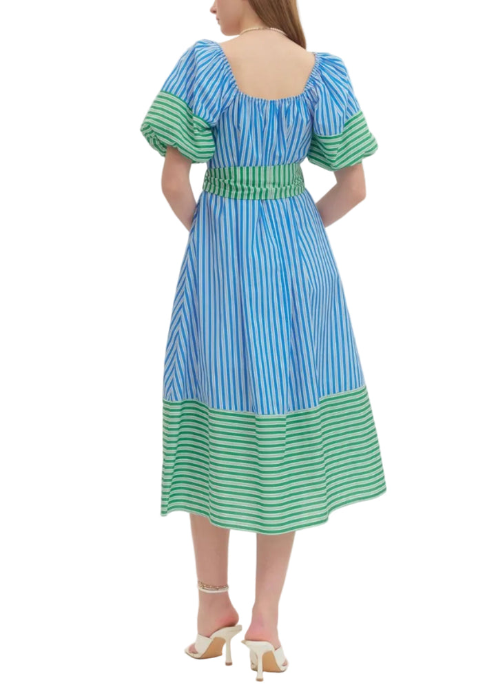 Striped short puff sleeve midi dress featuring square neckline. Button closure at front. Self-tie sash belt at waist. Side pockets. Stripe contrast binding at sleeve and hem. Lined. Woven. Non-sheer. Lightweight.