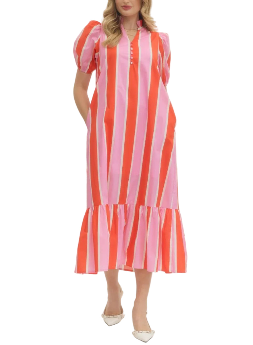 Striped short puff sleeve midi dress featuring ruffled mock neck and partial button placket. Side pockets. Lined. Woven. Non-sheer. Lightweight.