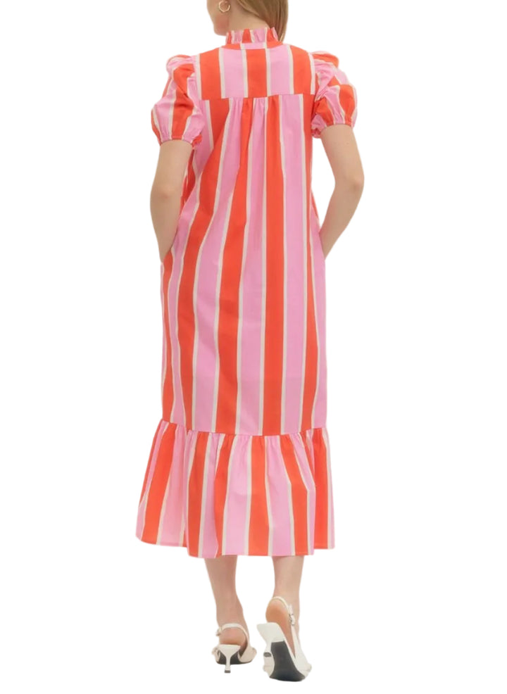 Striped short puff sleeve midi dress featuring ruffled mock neck and partial button placket. Side pockets. Lined. Woven. Non-sheer. Lightweight.