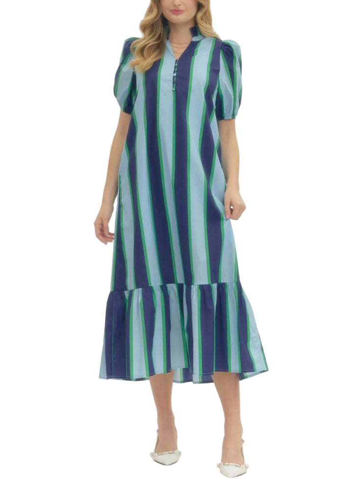 Striped short puff sleeve midi dress featuring ruffled mock neck and partial button placket. Side pockets. Lined. Woven. Non-sheer. Lightweight.