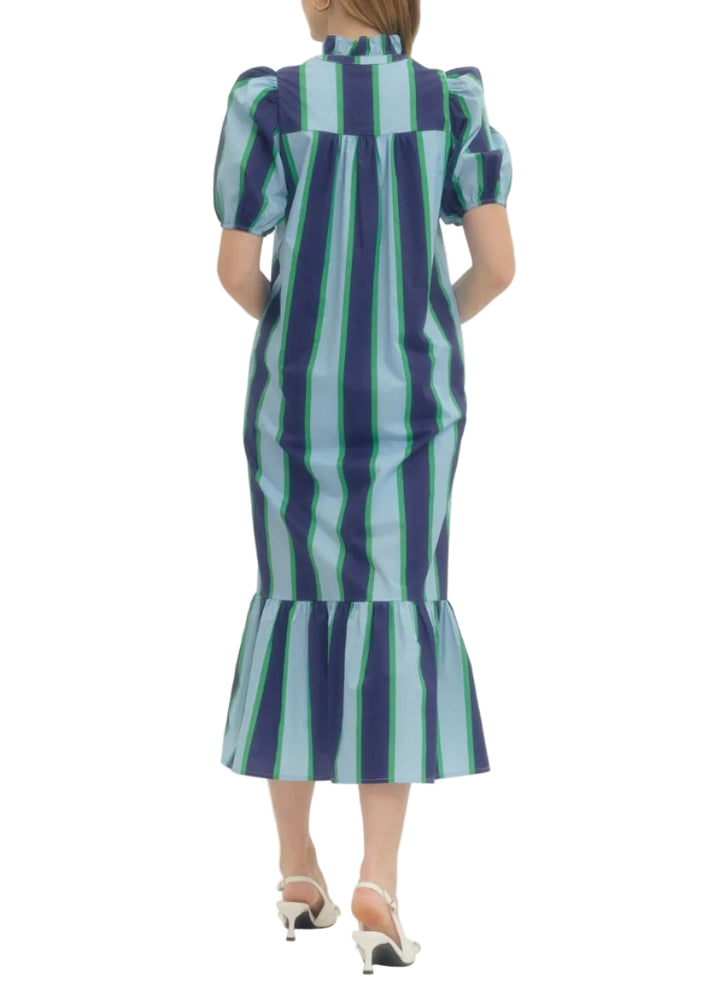 Striped short puff sleeve midi dress featuring ruffled mock neck and partial button placket. Side pockets. Lined. Woven. Non-sheer. Lightweight.