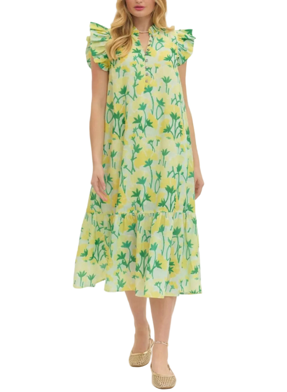 Floral print flutter sleeve midi dress featuring ruffled mock neckline. Button closure at front. Side pockets. Lined. Woven. Non-sheer. Lightweight.

