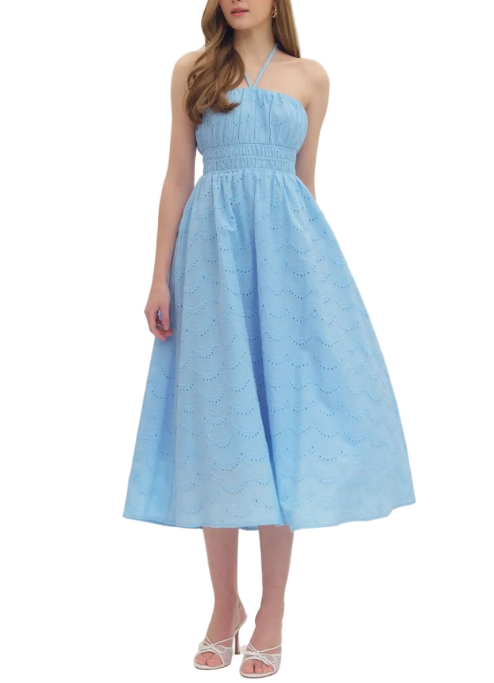 Solid halter midi dress featuring eyelet pattern and smocked waist. Self-tie halter at back neck. Side pockets. Lined. Woven. Non-sheer. Lightweight.
