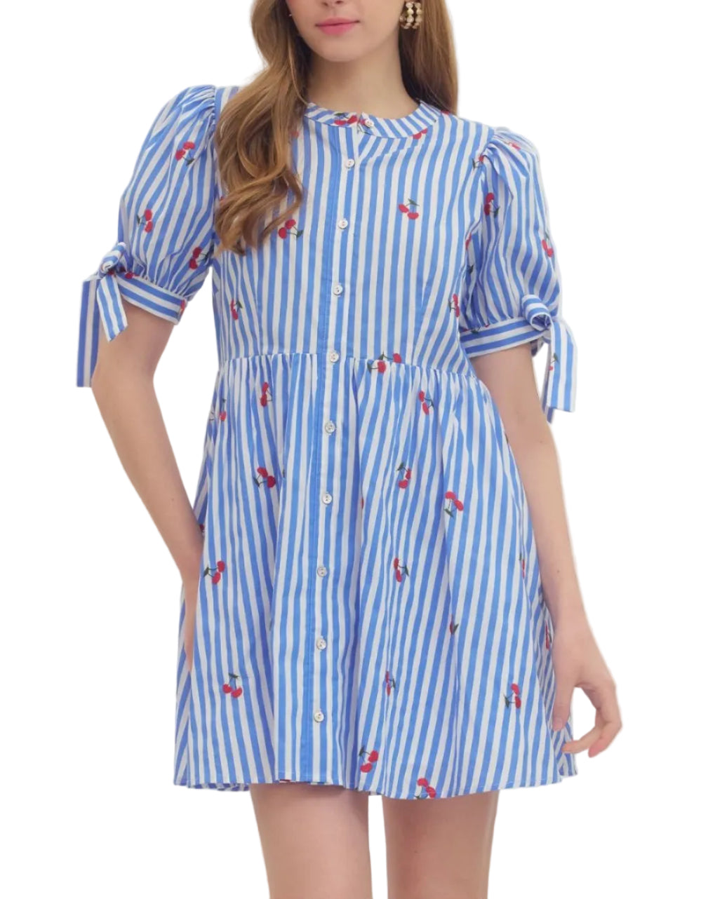 Striped cherry print short sleeve mini dress featuring tie sleeve detail. Button closure at front. Side pockets. Lined. Woven. Non-sheer. Lightweight.
