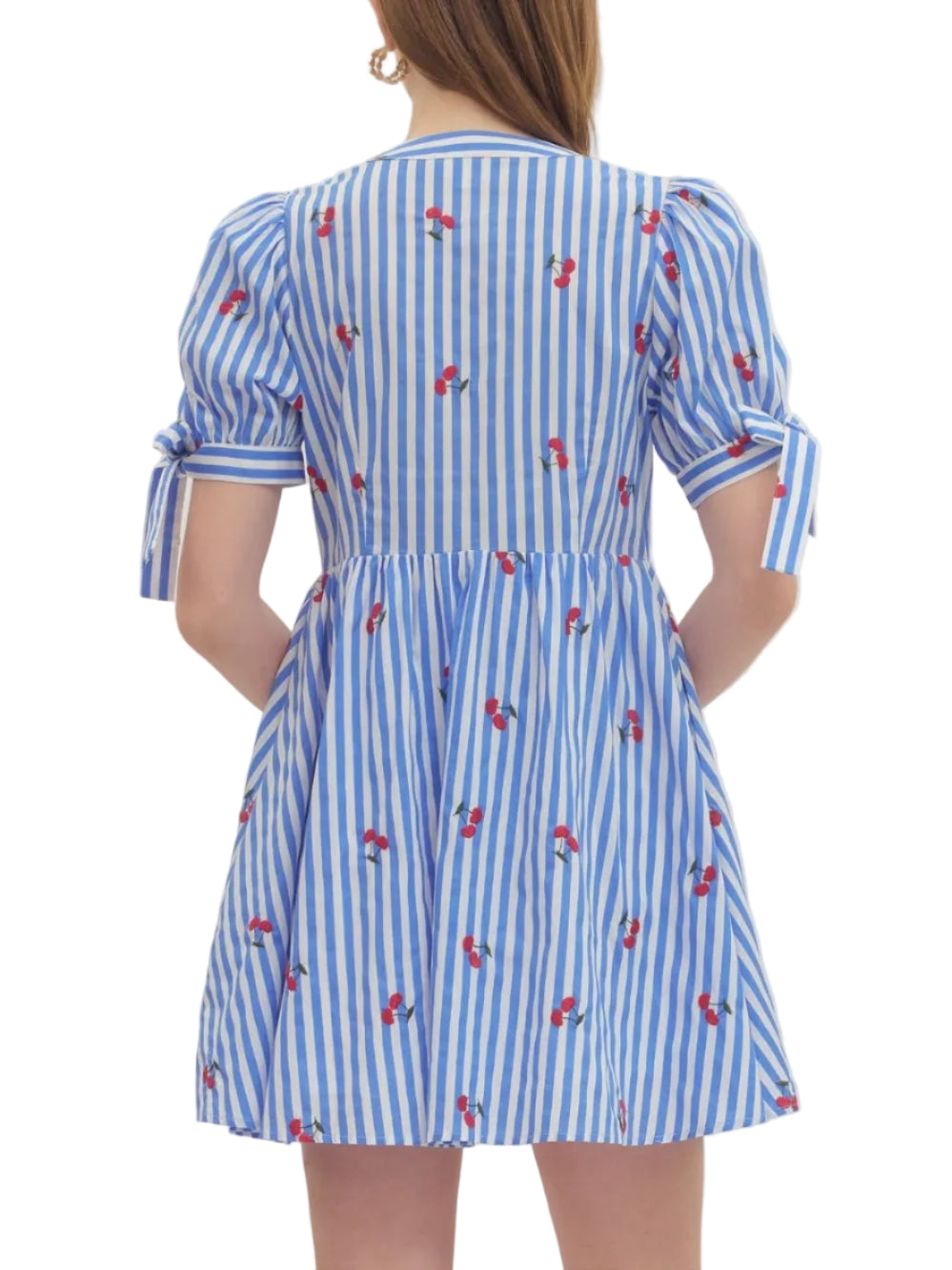 Striped cherry print short sleeve mini dress featuring tie sleeve detail. Button closure at front. Side pockets. Lined. Woven. Non-sheer. Lightweight.
