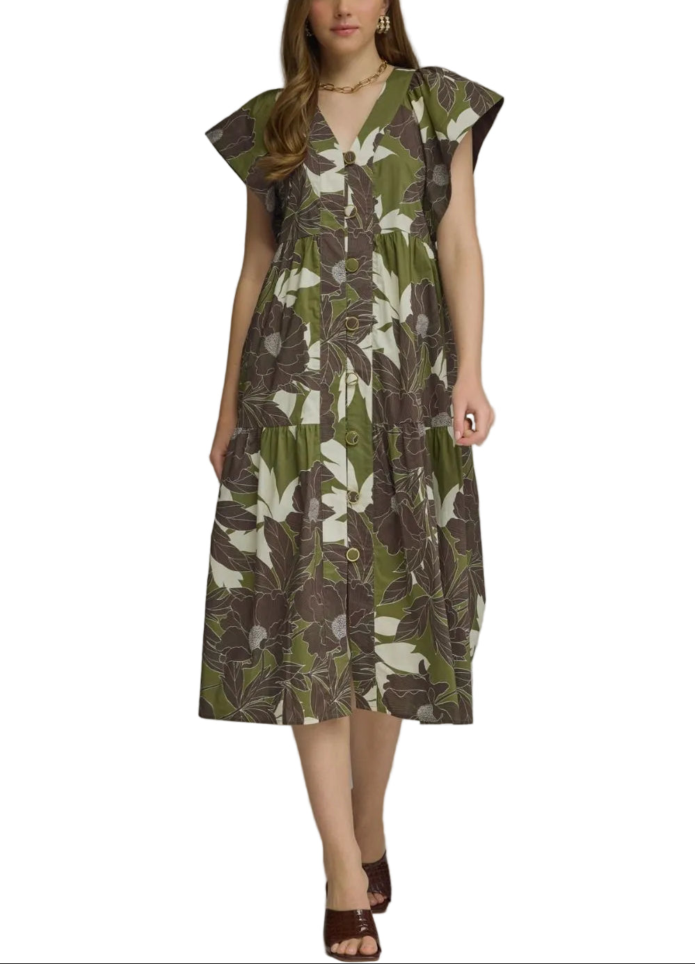 Floral print cap sleeve midi dress featuring V-neck and tiered detail. Button closure at front. Side pockets. Lined. Woven. Non-sheer. Lightweight.