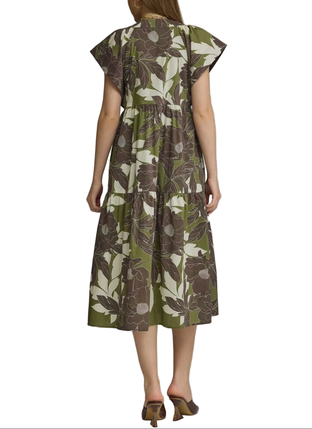 Floral print cap sleeve midi dress featuring V-neck and tiered detail. Button closure at front. Side pockets. Lined. Woven. Non-sheer. Lightweight.