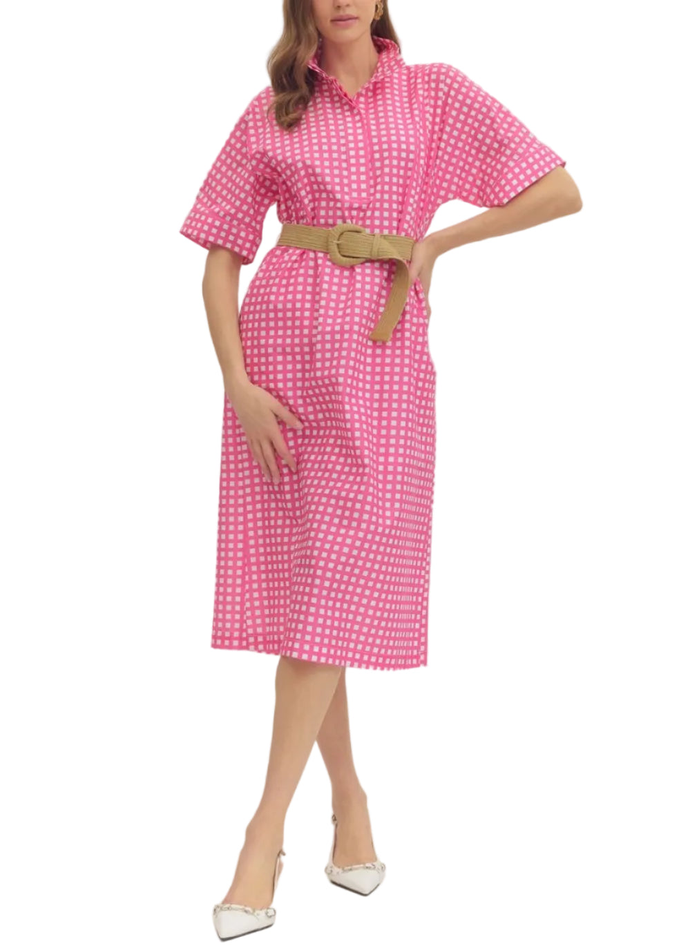 Check print short sleeve midi dress featuring collared split neck. Removable woven belt. Side pockets. Lined. Woven. Non-sheer. Lightweight.
