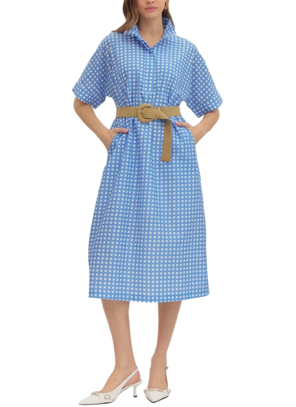 Check print short sleeve midi dress featuring collared split neck. Removable woven belt. Side pockets. Lined. Woven. Non-sheer. Lightweight.
