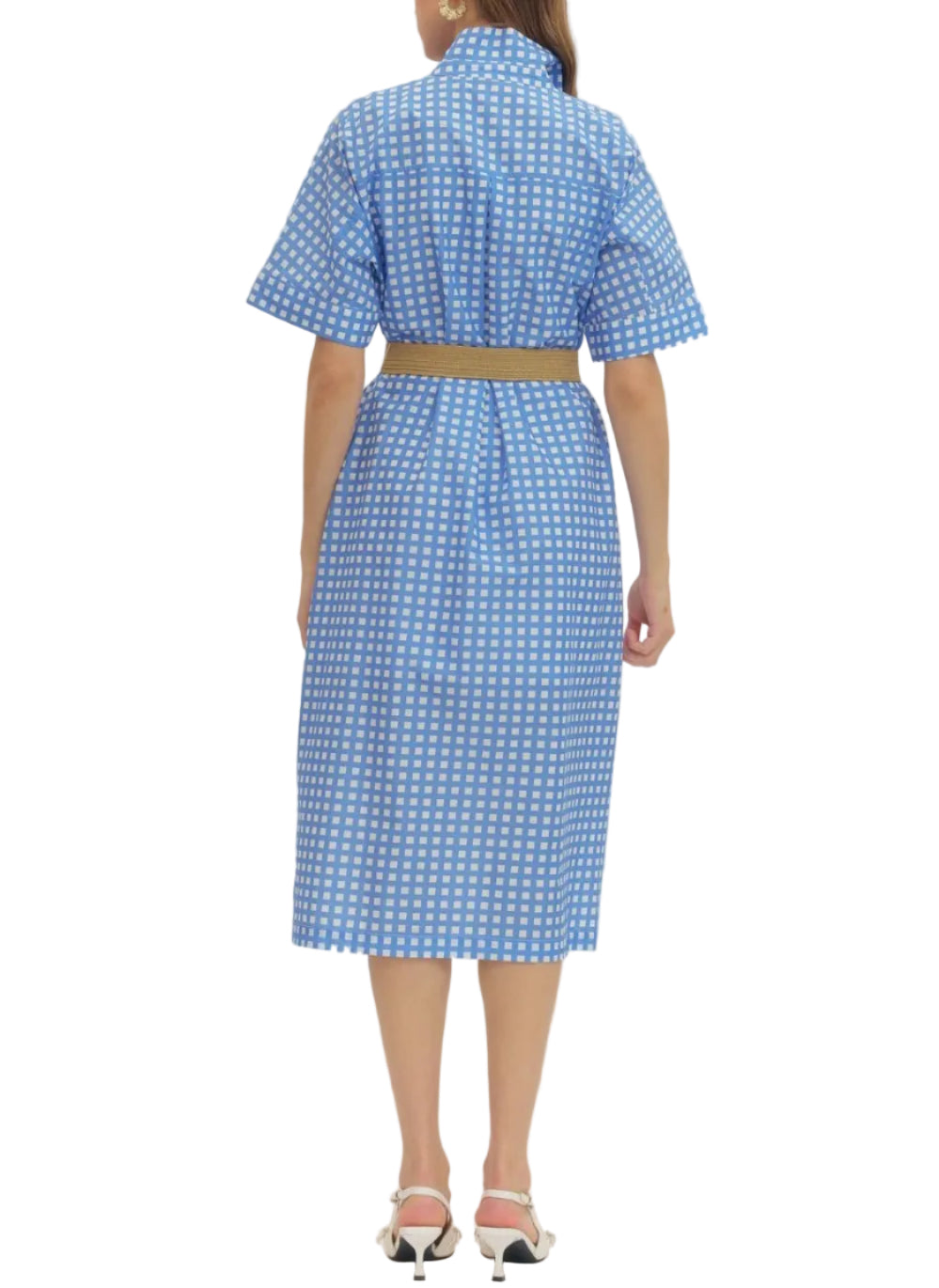 Check print short sleeve midi dress featuring collared split neck. Removable woven belt. Side pockets. Lined. Woven. Non-sheer. Lightweight.