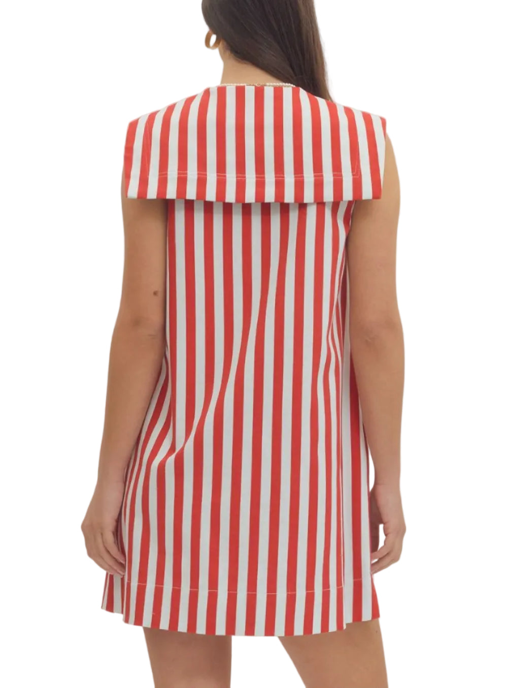 Striped sleeveless mini dress featuring oversized sailor collar with self-tie bow detail. Side pockets. Unlined. Woven. Non-sheer. Lightweight.
