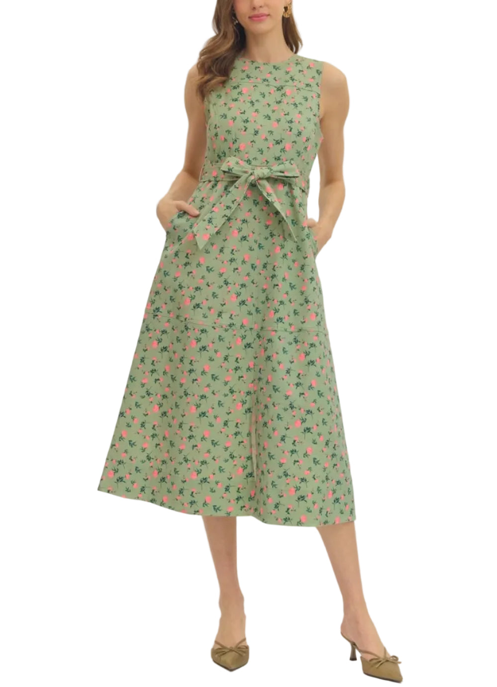 Floral sleeveless midi dress featuring self-tie waist belt. Round neck. Zipper closure at back. Side pockets. Unlined. Woven. Non-sheer. Lightweight.
