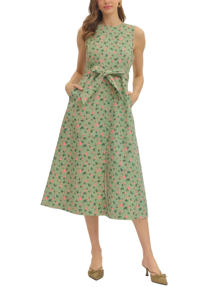 Floral sleeveless midi dress featuring self-tie waist belt. Round neck. Zipper closure at back. Side pockets. Unlined. Woven. Non-sheer. Lightweight.
