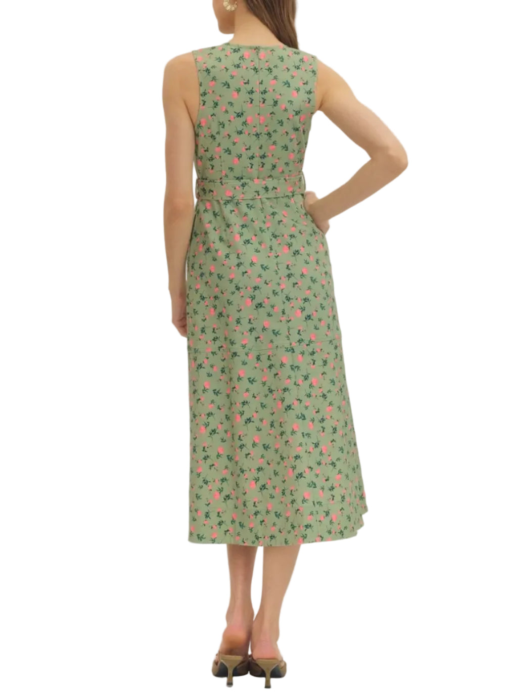 Floral sleeveless midi dress featuring self-tie waist belt. Round neck. Zipper closure at back. Side pockets. Unlined. Woven. Non-sheer. Lightweight.
