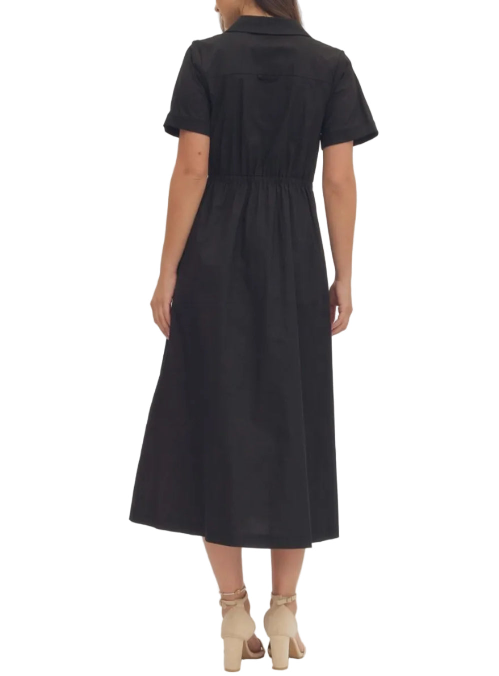 Solid short sleeve midi dress featuring collar and button closure at front. Self-tie bow detail at waist. Side pockets. Elasticated waist at back. Lined. Woven. Non-sheer. Lightweight.
