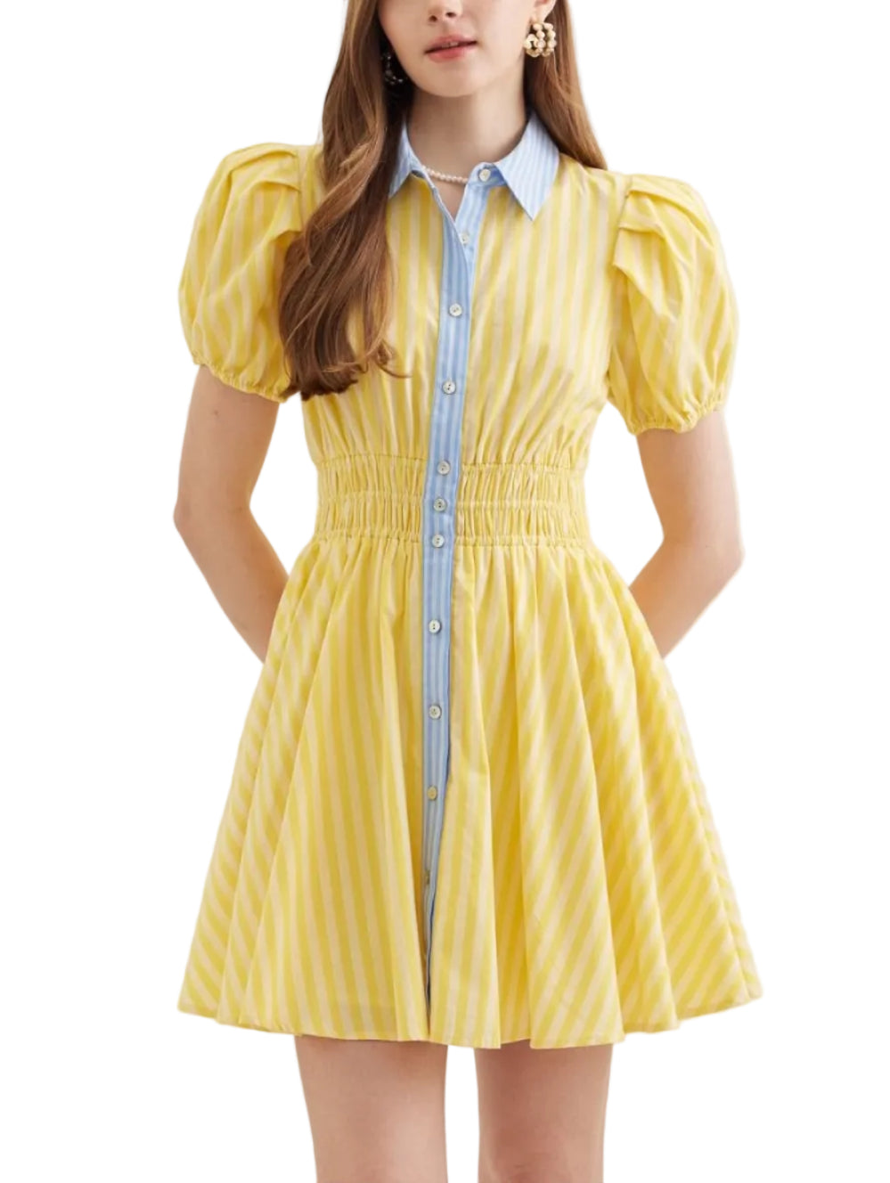 Stripe print short puff sleeve mini dress featuring smocked waist detail. Button closure at front. Elasticated sleeve openings. Pocket at side. Lined. Woven. Non-sheer. Lightweight.