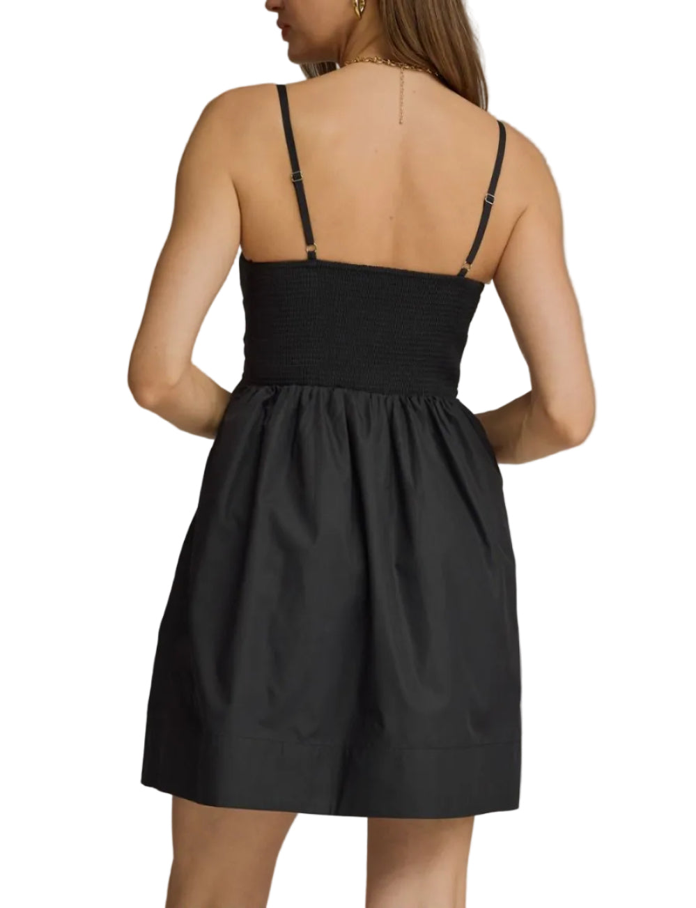 Solid straight neck sleeveless mini dress featuring pleated bodice detail. Adjustable shoulder straps. Smocked back. Side pockets. Lined. Woven. Non-sheer. Lightweight.
