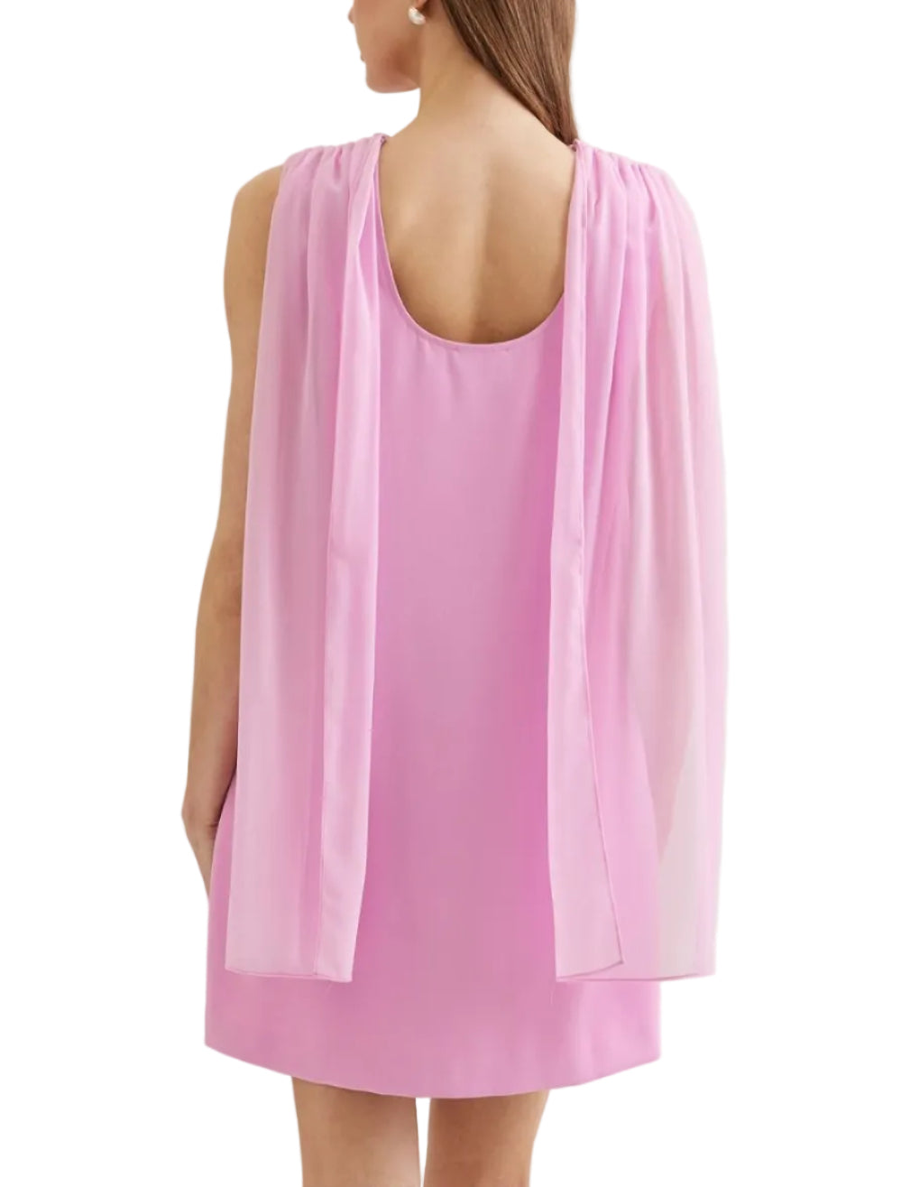 Solid sleeveless mini dress featuring draped cowl neckline with back scarf panel. Side zipper closure. Pocket at side. Lined. Woven. Non-sheer. Lightweight.
