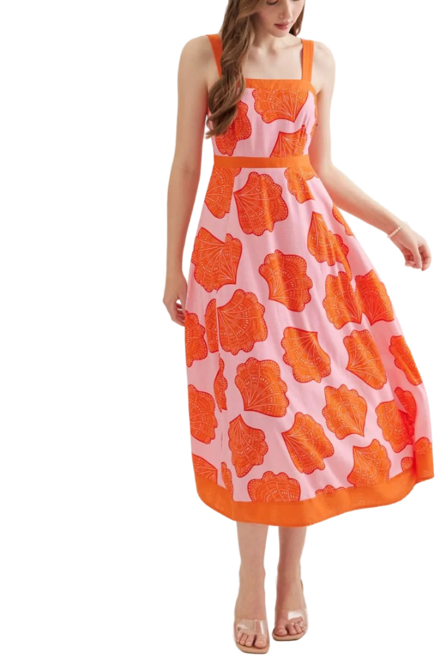 Print sleeveless midi dress featuring square neckline. Adjustable shoulder strap with ring detail. Smocked back with zipper closure. Side pockets. Lined. Woven. Non-sheer. Lightweight.
