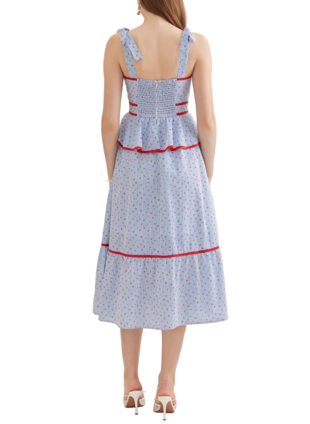 Striped sleeveless midi dress featuring peplum waist detail. Self-tie shoulder straps. Nonfunctional button detail at front bodice. Smocked back. Zipper closure at back. Side pockets. Lined. Woven. Non-sheer. Lightweight.