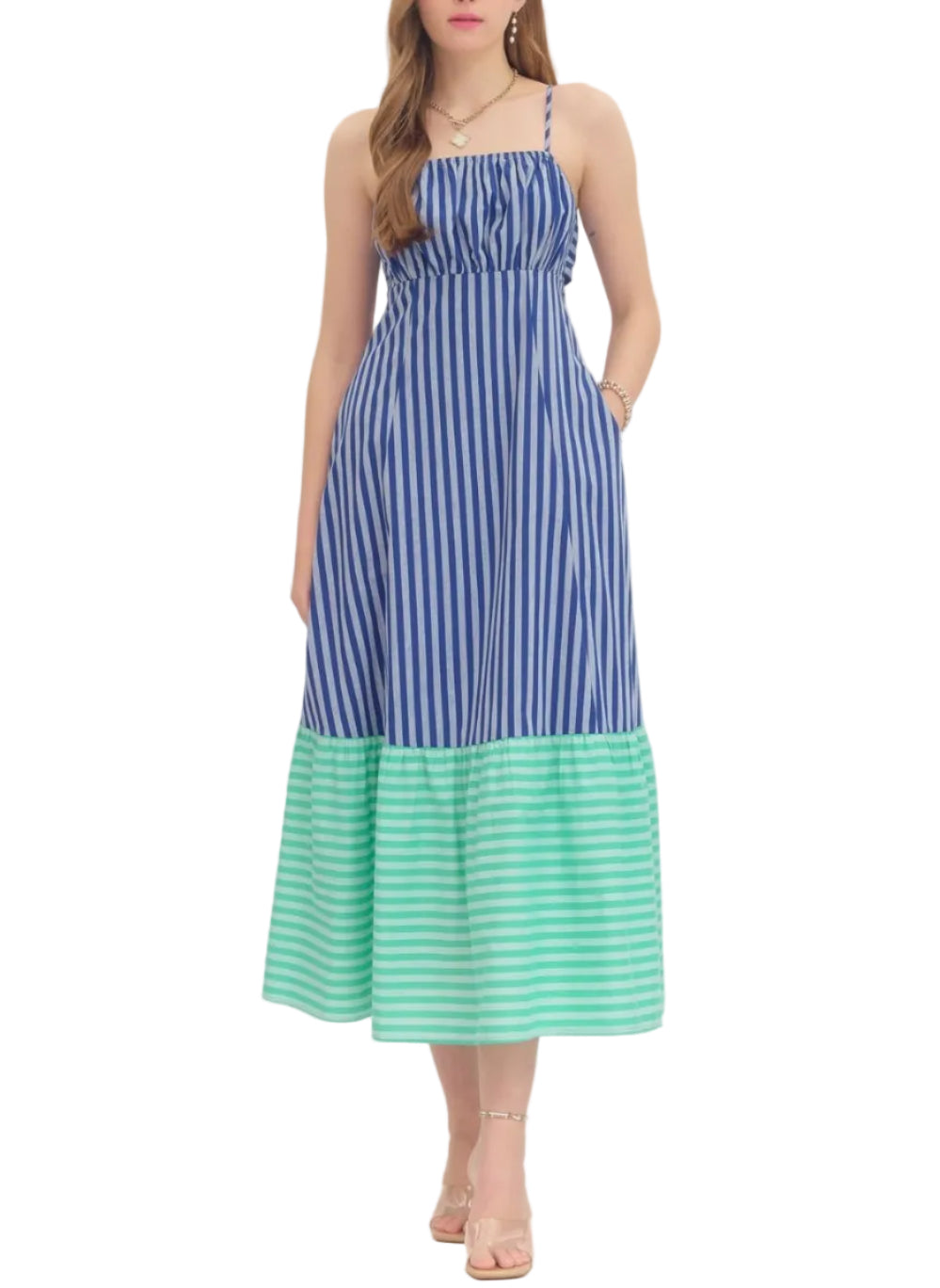 Striped sleeveless midi dress featuring gathered straight neckline. Contrast striped hem. Self-tie bow detail at back. Elasticated back. Side pockets. Lined. Woven. Non-sheer. Lightweight.