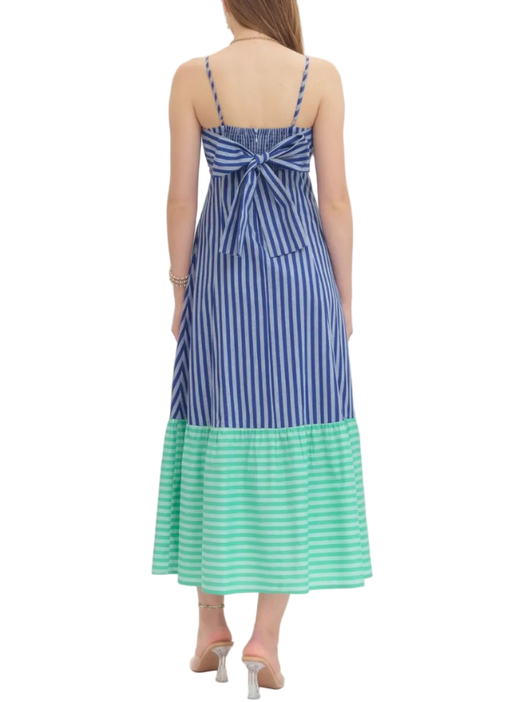 Striped sleeveless midi dress featuring gathered straight neckline. Contrast striped hem. Self-tie bow detail at back. Elasticated back. Side pockets. Lined. Woven. Non-sheer. Lightweight.