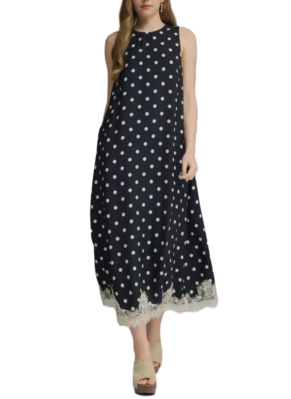 Polka dot sleeveless midi dress featuring lace trim hem. Button closure at back neck. Side pockets. Lined. Woven. Non-sheer. Lightweight.