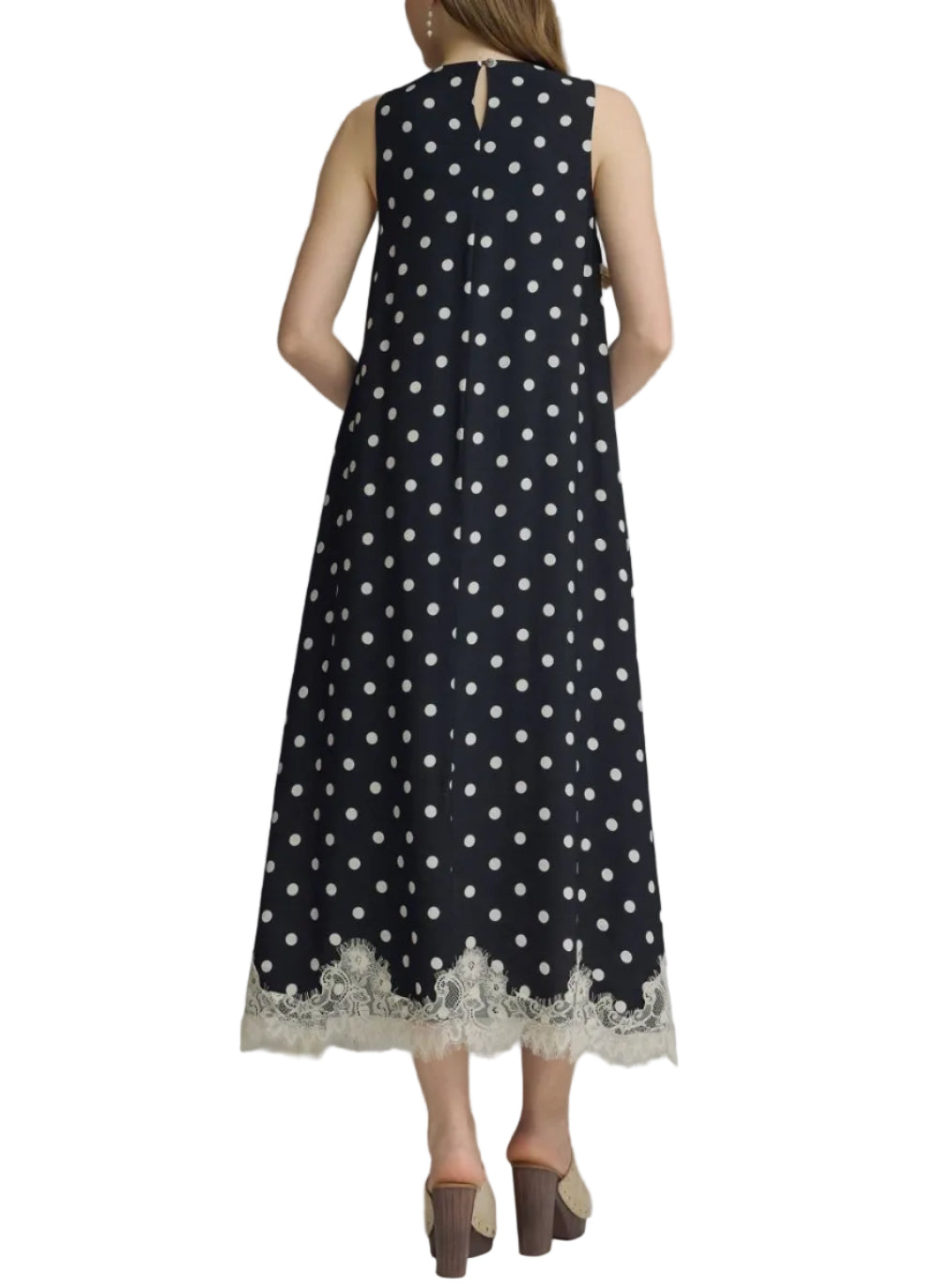 Polka dot sleeveless midi dress featuring lace trim hem. Button closure at back neck. Side pockets. Lined. Woven. Non-sheer. Lightweight.