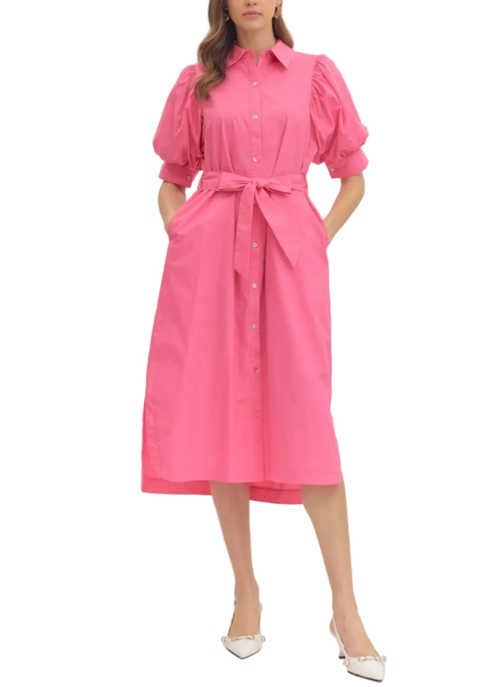 Solid short puff sleeve midi dress featuring shirt collar. Button closure at front. Self-tie waist belt. Side pockets. Curved high-low hem. Lined. Woven. Non-sheer. Lightweight.