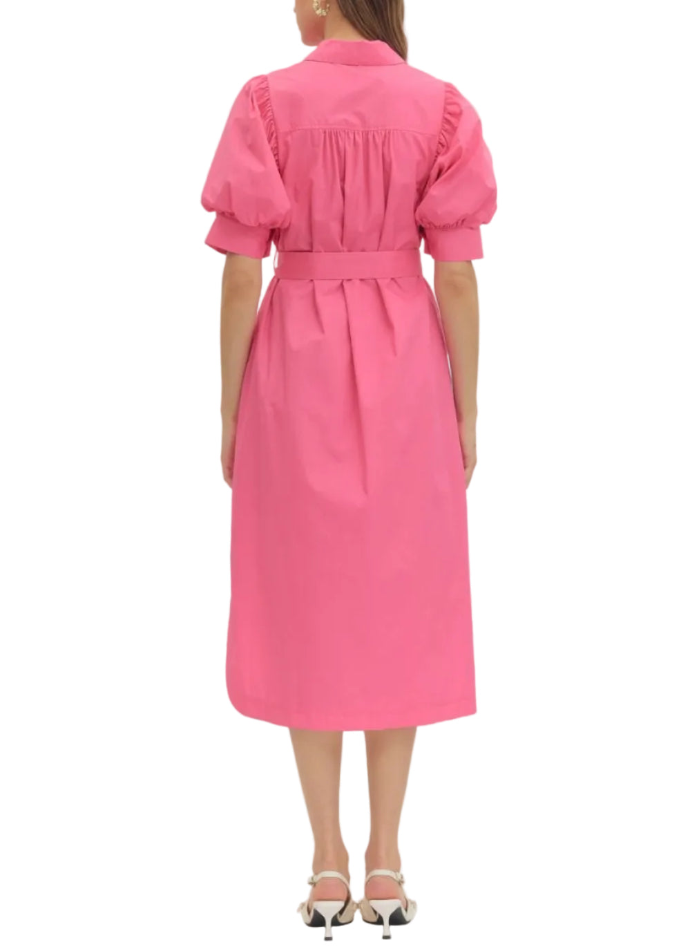 Solid short puff sleeve midi dress featuring shirt collar. Button closure at front. Self-tie waist belt. Side pockets. Curved high-low hem. Lined. Woven. Non-sheer. Lightweight.
