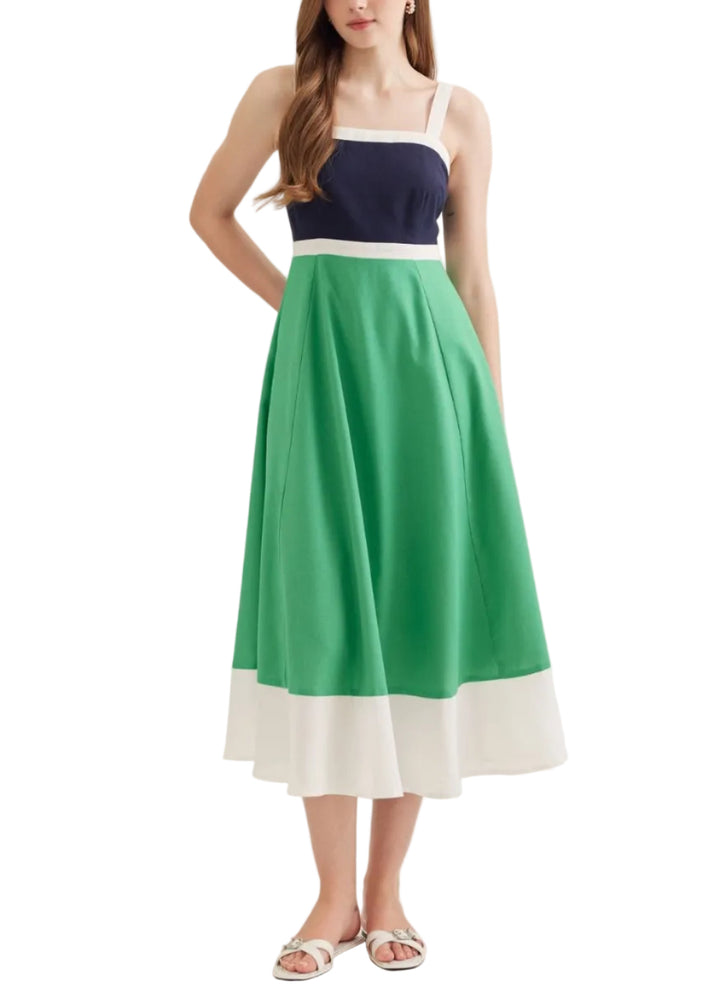 Colorblock sleeveless midi dress featuring square neckline. Adjustable shoulder strap with ring detail. Smocked back with zipper closure. Side pockets. Lined. Woven. Non-sheer. Lightweight.
