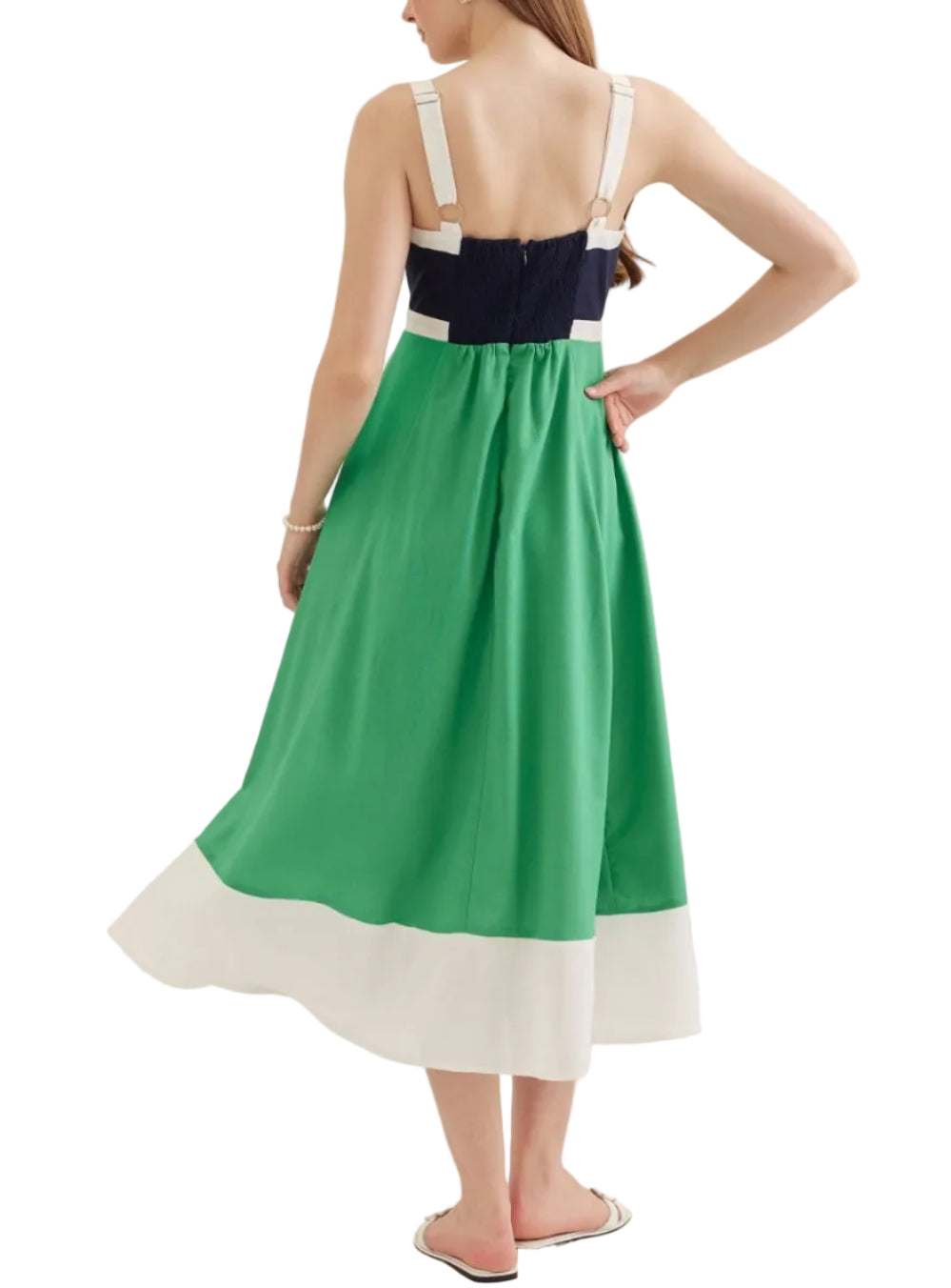 Colorblock sleeveless midi dress featuring square neckline. Adjustable shoulder strap with ring detail. Smocked back with zipper closure. Side pockets. Lined. Woven. Non-sheer. Lightweight.
