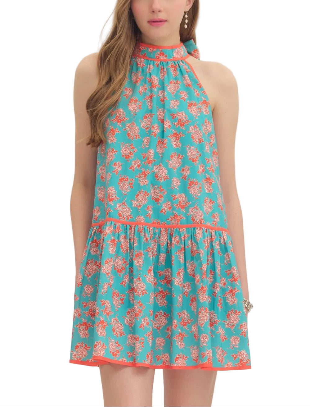 Floral print sleeveless mini dress featuring self-tie halter neckline. Drop waist seam. Contrast binding detail. Side pockets. Lined. Woven. Non-sheer. Lightweight.