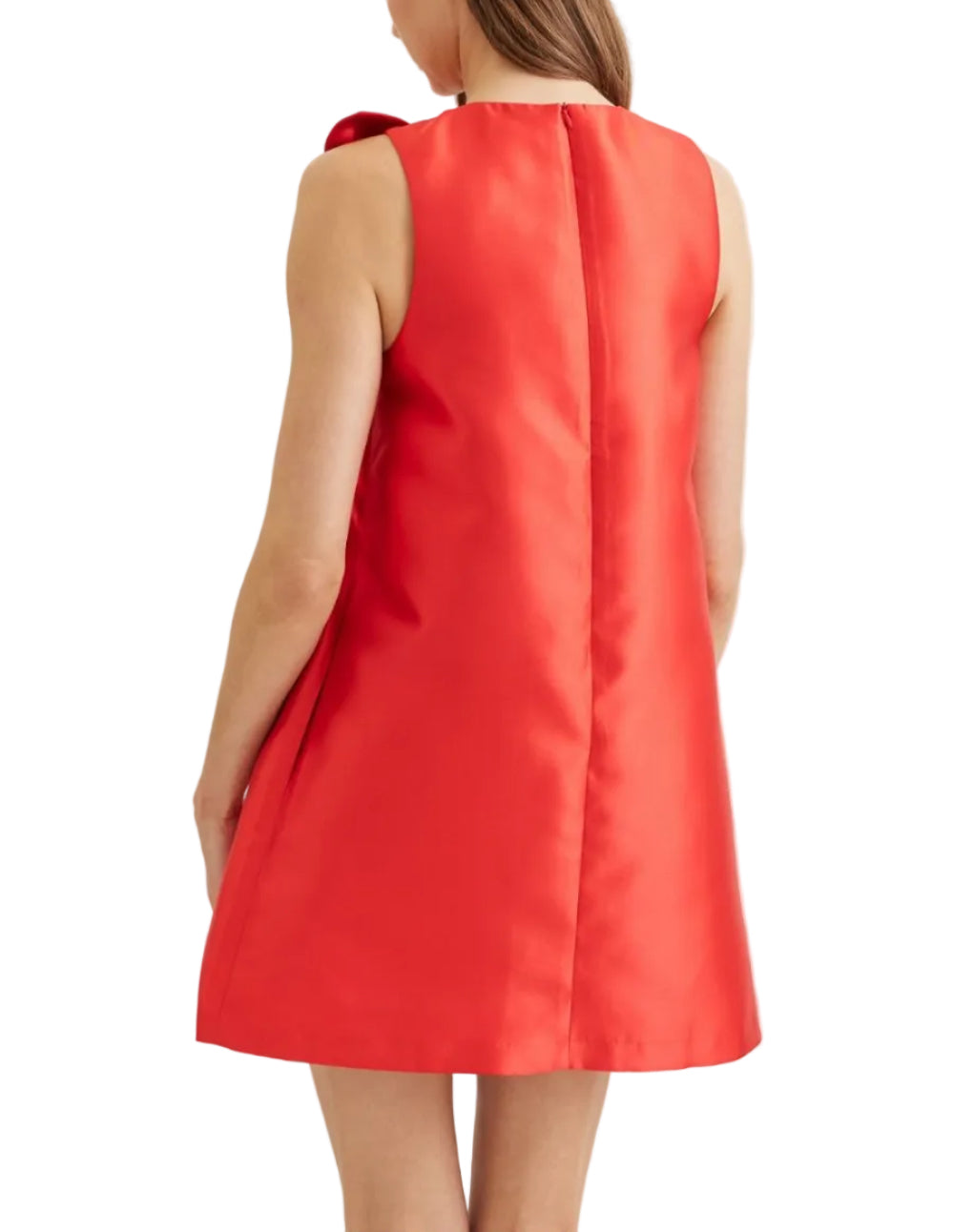 Solid sleeveless mini dress featuring twisted bow detail at neckline. Round neckline. Zipper closure at back. Side pockets. Lined. Woven. Non-sheer. Lightweight.