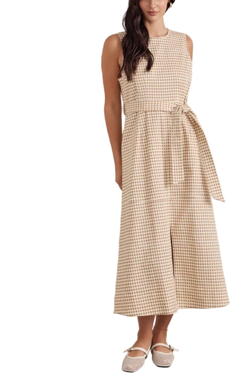 Gingham sleeveless midi dress featuring self-tie waist detail. Back zipper closure. Front slit. Side pockets. Unlined. Woven. Non-sheer. Lightweight.
