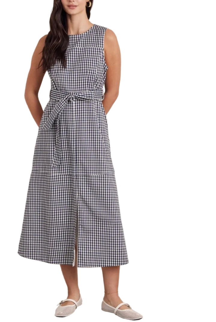 Gingham sleeveless midi dress featuring self-tie waist detail. Back zipper closure. Front slit. Side pockets. Unlined. Woven. Non-sheer. Lightweight.

