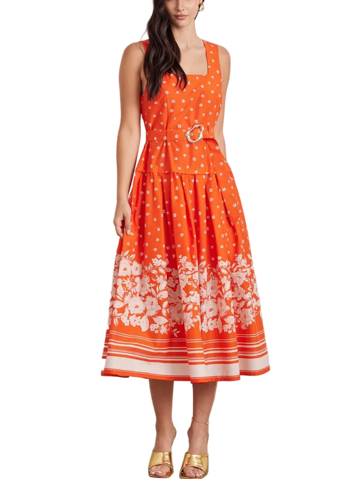 Floral sleeveless midi dress featuring self-belted waist and border print. Back zipper closure. Lined. Woven. Non-sheer. Lightweight.