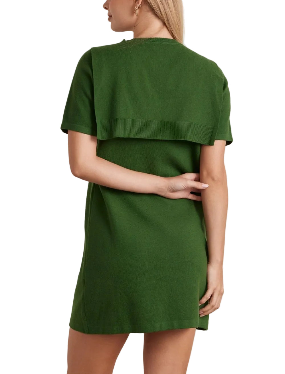 Solid short sleeve sweater mini dress featuring attached layered scarf detail. Unlined. Knit. Non-sheer. Lightweight.