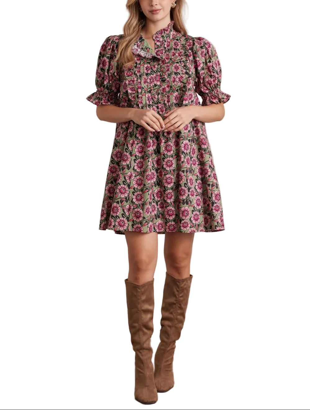 Floral print ruffled neck short puff sleeve mini dress featuring pleated front detail. Button closure at front. Side pockets. Lined. Woven. Non-sheer. Lightweight.