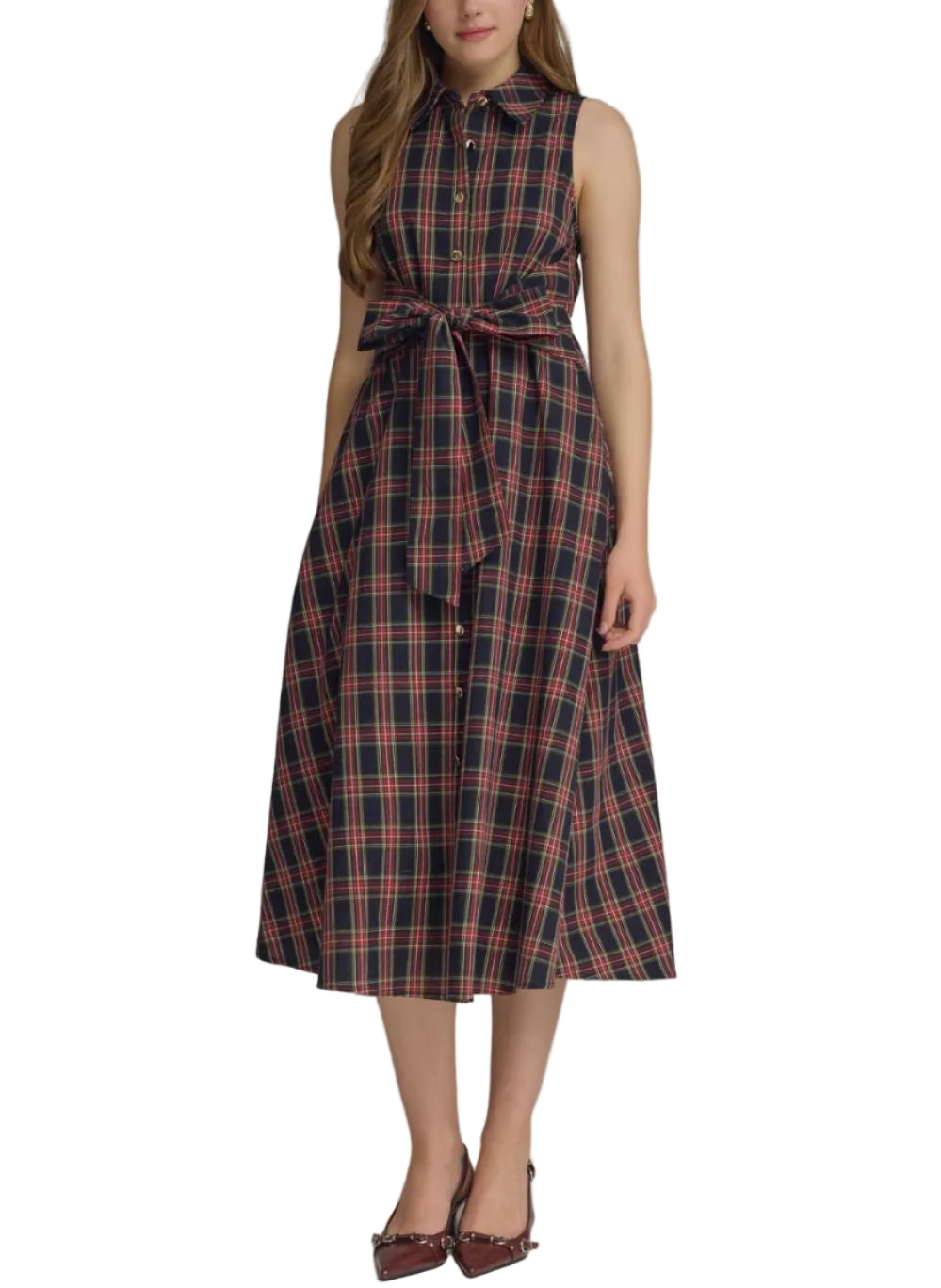 Plaid collared sleeveless midi dress featuring self-tie waist detail. Button closure at front. Side pockets. Lined. Woven. Non-sheer. Lightweight.
