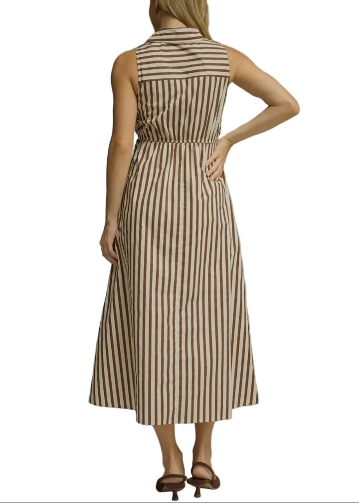 Striped sleeveless collared midi dress featuring elasticated waist with self-tie detail. Button closure at front. Side pockets. Lined. Woven. Non-sheer. Lightweight.